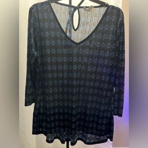 Dana Buchman floral design blouse scooped neckline 3/4 sleeve blue size Large